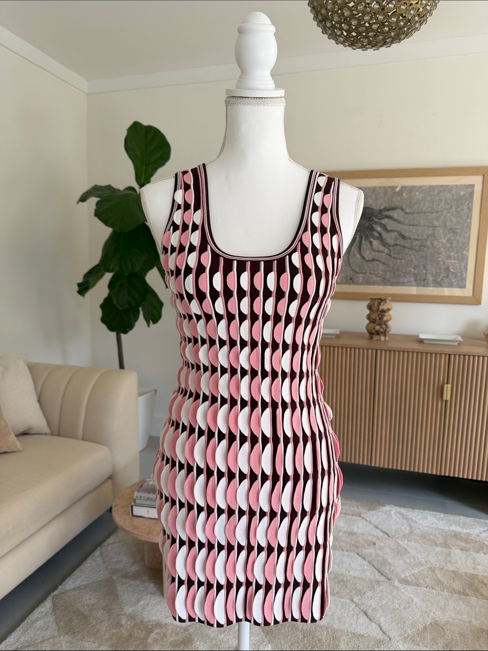 Scoop-Neck Pink & Black Geometric Knit Dress
